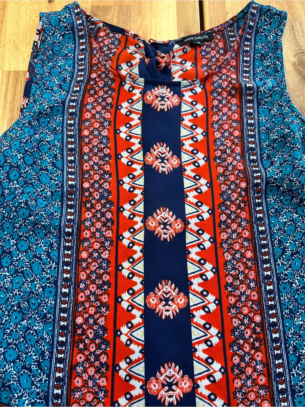 Anne Carson XS Boho Sleeveless Floral Border Print Tank Top Navy Orange - Picture 5 of 11